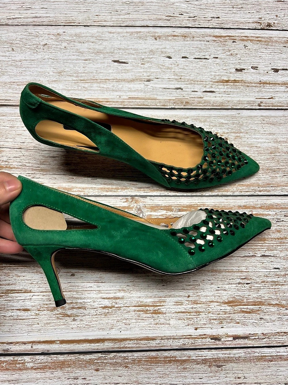 Green Embellished Pointed Toe Heels US 8